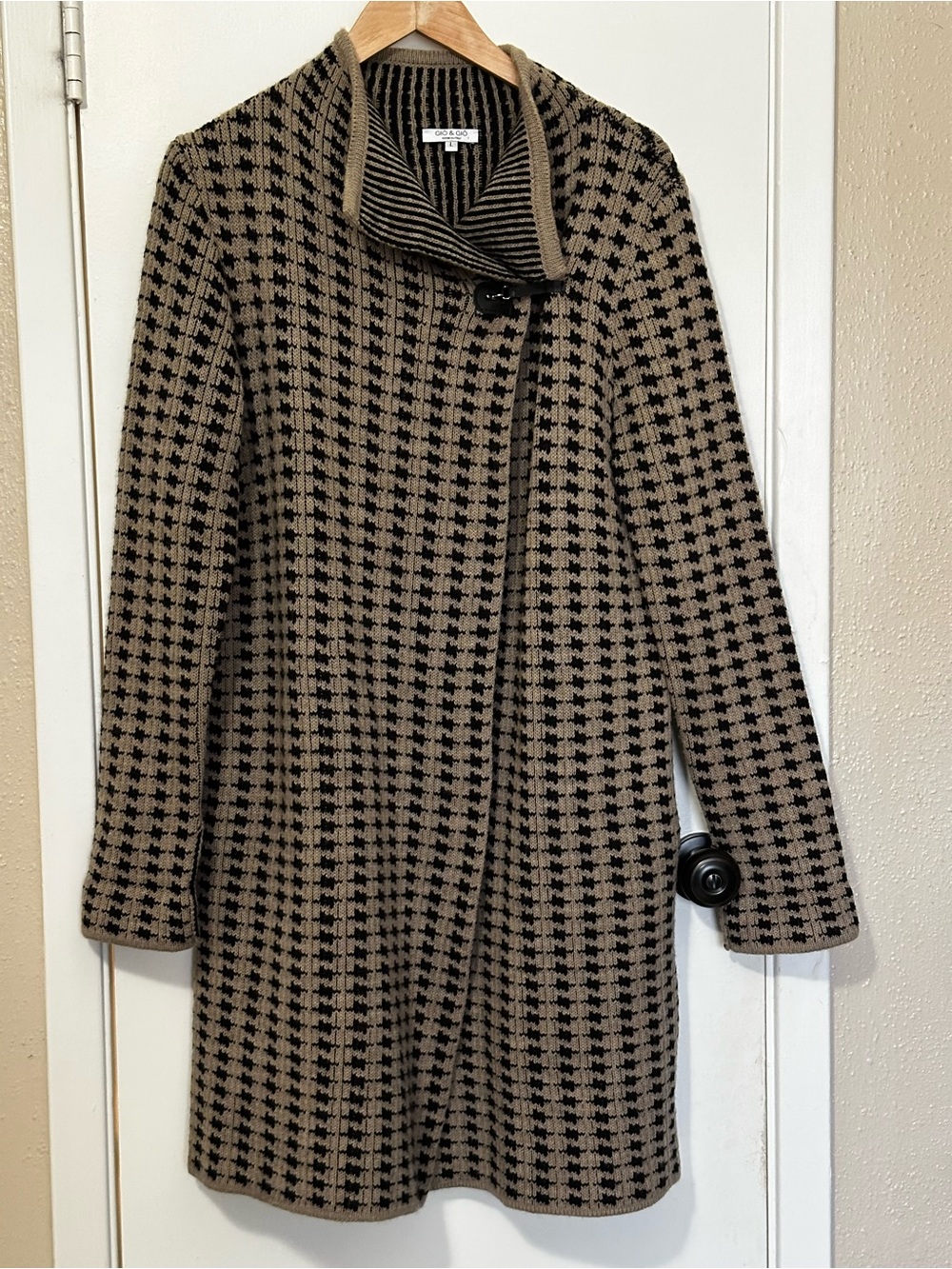 Gio & Gio Italian Wool Blend Houndstooth Knit Sweater Coat Duster Size L